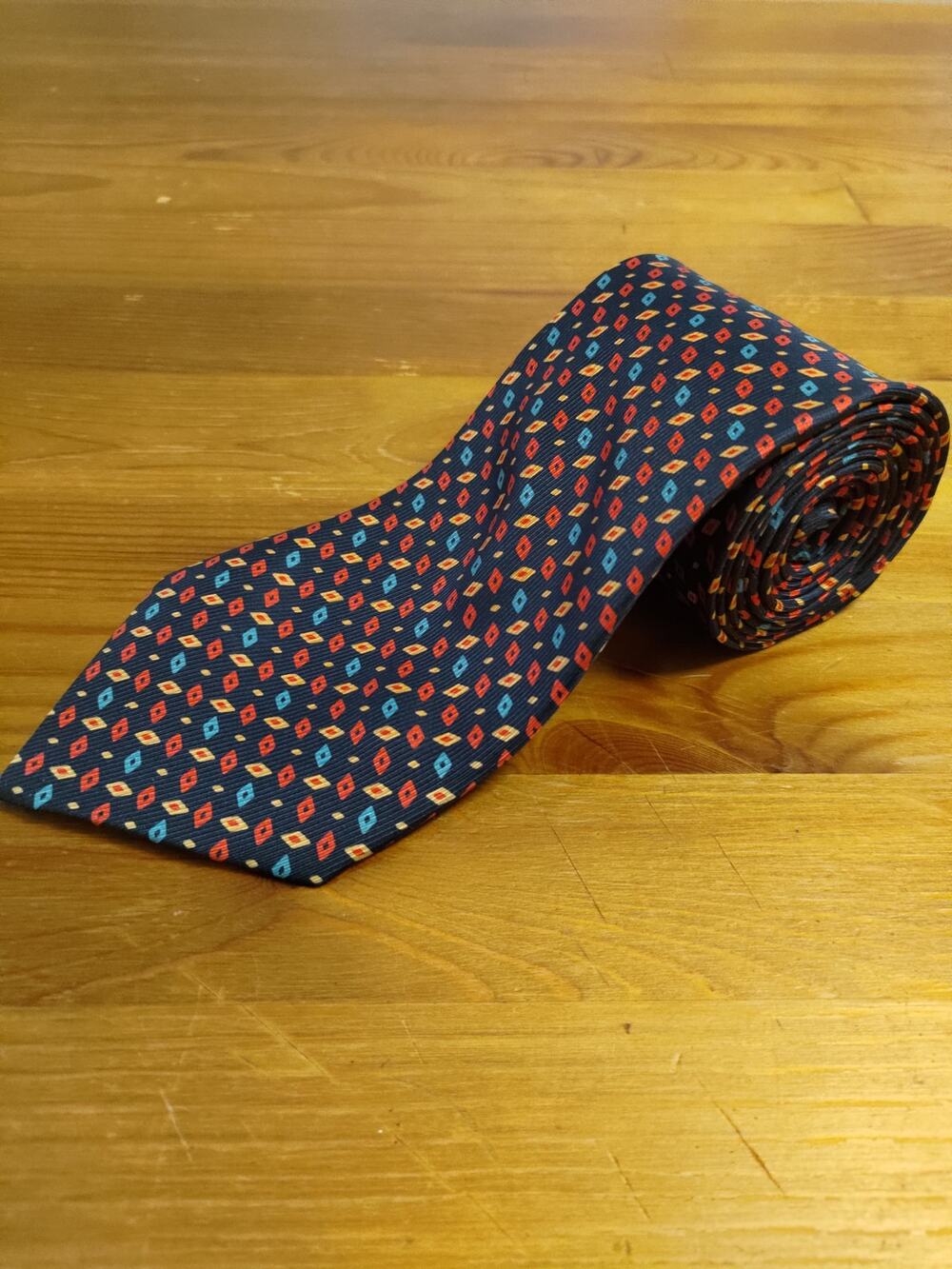 Giorgio Sermoneta Roma 100% Silk Necktie Navy With Multicolor Geometric Pattern